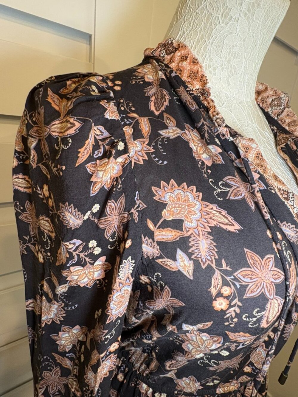 Olivaceous Prairie Floral Tiered Maxi Dress Black Boho Whimsgoth Long Sleeve S - Picture 6 of 14